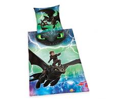 Herding DREAMWORKS DRAGONS Parure de Lit Réversible, Housse de Couette 140 x 200 cm, Taie dOreiller 70 x 90 cm, Coton/Renforcé