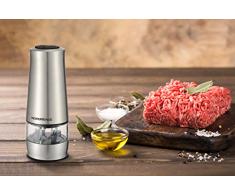 grindlux, Moulin à sel et poivre électrique, 2 compartiments séparés, 2 Macine indépendants, éclairage à lED, finition en acier, Silver