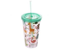 Puckator CUP05 Verre en Plastique avec Paille et Couvercle-Design animeau du Zoo, Jaune, Vert, Orange, Brun, Transparent, 10 x 10 x 16 cm