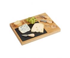 Relaxdays 10022234 Set Planche à Fromage, Plateau Subdivisé en Bambou, 3 Couteaux, 1 Plaque Ardoise, 3x40x30cm, Nature, Naturel