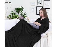 DecoKing 150 x 180 cm Couverture TV en Microfibre - Couverture Douillette avec Manches et Poches, Couverture Polaire Microfibre, Douce, avec Poche pour Les Pieds, Microfibre, Noir, 150 x 180 cm