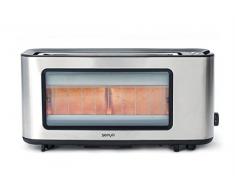 Senya SYBF-T006S grille-pain Inox et verre Toast Perfect, longue fente extra large pour baguette, pince Ã toast en bois fourni, fenÃªtre transparent avec corps en Acier Inoxydable, 1200W