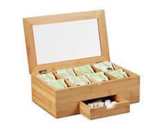 Relaxdays 10027481 Boîte fenêtre Coffret à thé Bois 8 Compartiments Couvercle tiroir aromes, HxlxP 11x33x20 cm, Nature