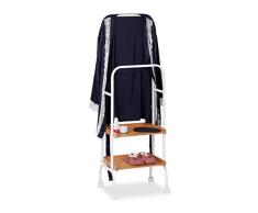 Relaxdays 10027499 Valet de chambre, serviteur, portant, roulettes, 2 surfaces, serviettes, mÃ©tal bambou, 129x42x32 cm, blanc, acier, plastique, 1