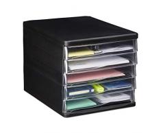 Relaxdays 10025423 Boîte avec tiroirs pour classement, 5 compartiments, matériel de bureau, A4, lettres, HlP 24,5x26x34cm noir, PP, polystyrène, 1 élément