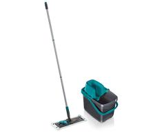 Leifheit Set Combi Clean, seau et balai essoreur faciles dutilisation, balais serpillière avec mécanisme dessorage intégré, kit de lavage sol gris et lagoon