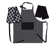 Penguin Home 3517 Ensemble Tablier, Gant Double et 2 torchons de Cuisine-100 Doux, Durable, rÃ©sistant Ã la Chaleur et Super Absorbant, Noir/Blanc, Coton, 70 X 90, 18 X 90, 45X 65 cm