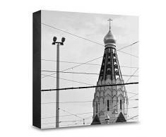 COGNOSCO HG-L115 Tableau Mural en Bois avec Photo darchitecture Leipzig et Cerise Russe en Bois Noir/Blanc 15 x 15 cm