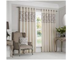 Just Contempo Rideaux à Åillets modernes entièrement doublés avec motif feuilles brodé à la main, Polyester, Gris colombe/crème, Paire de rideaux 168 x 183 cm (salon)