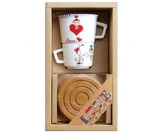 laroom 14157 â Set Cadeau Bureau 2 Tasses avec 2 Dessous Bambou Love, Blanc, Marron