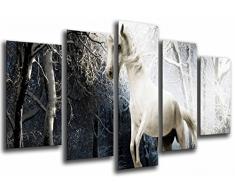 Tableau Moderne Photographique, Impression sur bois, Nature Forêt enneigée, Jour de la nuit, Cheval blanc, 165 x 62 cm, ref. 27104