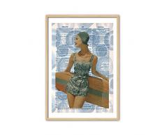 CUADRIMAN Design Tableau Surf 1950, Bois, Bleu et Ocre, 92Â x 62Â cm