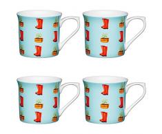 Kitchencraft Fine Bottes en Caoutchouc cannelé à Motif Jardinage Tasses, 300 ML (Lot de 4), Porcelaine Anglaise, Bleu, 11.5 x 8.5 x 8 cm