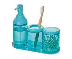 iDesign 29264EU, 4 Accessoires de Salle de Bain en Plastique, Ensemble Distributeur de Savon, Porte-Brosse à Dents, boîte avec Couvercle et bac de Rangement, Bleu, 22, 4 cm x 8, 1 cm x 19, 8 cm