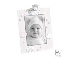 Cadre photo en bois avec décoration nounours et nuages. Finition blanche et rose â Taille photo 13x18 cm