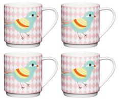 Kitchencraft en Porcelaine Anglaise Diamond & Bird empilage Mug, 340 ML â Blanc/Rose (Lot de 4), Multi/Couleur, Lot de 4