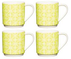 Kitchencraft en Porcelaine Anglaise Fluo à Motifs empilage Mug, 340 ML â Blanc/Vert (Lot de 4), Multi/Couleur, Lot de 4, Porcelaine, Multi/Colour, 8.8 x 8.2 x 8.8 cm