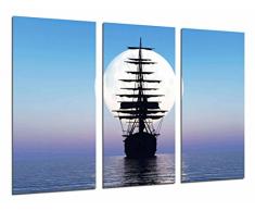 Tableau Moderne Photographique, Impression sur bois, Voilier sur la mer, nuit, lune, bateau, 97 x 62 cm, ref. 26706