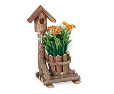 Relaxdays 10031007 Pot de Fleurs en Bois, avec Maison dâOiseau de dÃ©co & de la Mousse, Rond, dÃ©coration Rustique, Marron, Plastique, 1 Ã©lÃ©ment