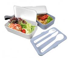 NERTHUS FIH 666 666-Lunch Box Double, 2 hermétiques et 3 Couverts Solides, Micro-Ondes et Lave-Vaisselle, Durable, sain et Beau, Convient pour Adultes et Enfants, Bleu, 18,5 x 11,1 x 10 cm