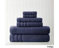 Pacific Coast Textiles 6Â PC Serviette de Toilette avec Bordure Jacquard Treillis Indigo, 6Â piÃ¨ces