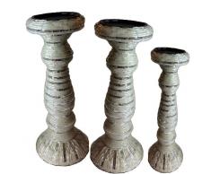 MG DÃCOR Lot de 3 bougeoirs piliers en Bois avec Rayures réfléchissantes Ivoire