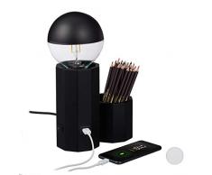 Relaxdays 10028032_46 Lampe de chevet avec connexion USB,Porte stylos, E27, pour bureau HxlxP 18,5 x 19 x 10 cm,noire, bois, Taille Unique