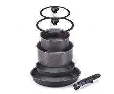 Moneta Etnea Minispace Batterie de 7 piÃ¨ces composÃ©e de poÃªle 24 et 28, casserole, couvercle verre bord silicone 16 et 20 cm, une poignÃ©e amovible, aluminium