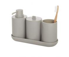 iDesign Set de Rangement, Accessoire Salle de Bain (4 Pièces) avec Distributeur Savon, Verre à Dents, Boîte à Coton et Plateau en Plastique, Rangement Salle de Bain, Gris