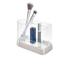 iDesign 45930EU lavabo ou Coiffeuse, Organiseur Maquillage en Plastique avec 3 Compartiments, Rangement Salle de Bain pour cosmétiques, Transparent/argenté, 18, 6 cm x 8, 3 cm x 10, 8 cm