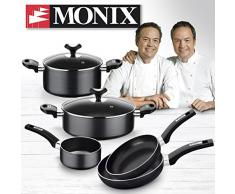 Monix resistent Plus batterie de cuisine de 5 pièces et lot de 2 poêles de 20 et 24 cm, Aluminium, Noir, 16, 7Â