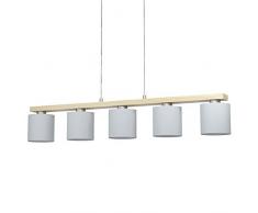 Eglo Castralvo Suspension 5 ampoules moderne, élégante, suspension en acier nickelé mat, bois marron et textile blanc, lampe de salle à manger, lampe de salon suspendue avec douille E27