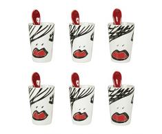 SEMA 98642 Gobelets et CuillÃ¨re Porcelaine x 6, 3 Assortis, Rouge Noir et Blanc, 5,8 x 5,8 x 11,5 cm