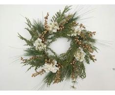 SHATCHI Couronne de Fleurs artificielles Ã Suspendre pour Porte dentrÃ©e de NoÃ«l Motif Feuilles Vertes, Baies dorÃ©es et Hortensia Blanc 55 cm