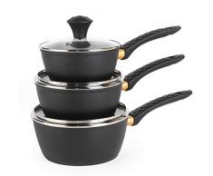 Salter BW07522 Diamond Edition Lot de 3 casseroles antiadhésives en Aluminium forgé avec couvercles en Verre, 16/18/20 cm, Noir/doré, 16 x 43,5 x 28 cm
