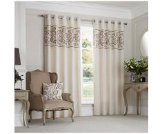 Just Contempo Rideaux à Åillets modernes entièrement doublés avec motif feuilles brodé à la main, Polyester, Naturel/beige/crème, Paire de rideaux 168 x 183 cm (salon)