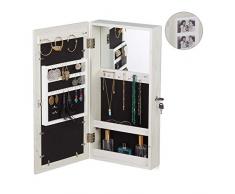 Relaxdays Armoire pour Bijoux, Suspendu, 4 Cadres Images, verrouillable, avec Miroir, Mural HlP 60x30x10cm,Blanc, MDF, Verre, Velours, 1 élément