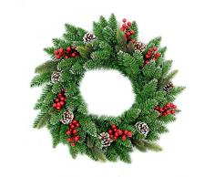SHATCHI Guirlande de Noël Artificielle 55 cm avec Baies et Pommes de pin givrées à Suspendre sur Une Porte, Un Mur, Une Porte, Un Mur, Une décoration de Noël à LED Vert