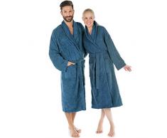 CelinaTex Oregon Peignoir De Bain Col Châle De Couleur Unie Longue Poches Appliquées Surpiqure Femme Homme Unisexe Pur Coton XXL Bleu