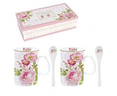 Easy Life 314FLDA COFFRET 2 MUGS 30CL EN BONE CHINA AVEC 2 CUILLERES FLORAL DAMASK, 0.3 liters, Multicouleur