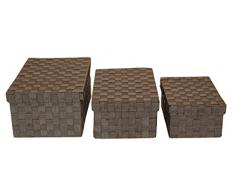 Franz Müller Flechtwaren 88617F16BS Lot de 3 boites de Rangement avec Couvercle rectangulaire, 1 x 31 cm 21 x 14 cm - 1 x 35 x 25 x 16 cm, 1 fois/39 x 27 x 19 cm, nylonbandgeflecht Sugar, Brown