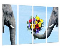 Tableau Moderne Photographique, Impression sur bois, Couple romantique dÃ©lÃ©phants avec des fleurs, des animaux, 131 x 62 cm, ref. 26862