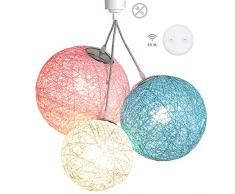 Luminaire Suspension E27-100% prêt à lâemploi sans outils - A visser directement sur une douille E27 - Télécommande sans fil - 3 boules en chanvre naturel - 3 ampoules LED E27 incluses (3x7W)-Serenity