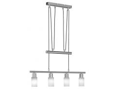 TRIO, Suspension, Jones incl. 4 x LED,E14,4,0 Watt,3000K,320 Lm. Verre, Blanc, Corps: metal, Nickel mat L:70,0cm, L:6,0cm, H:160,0cm IP20,Hauteur réglable