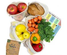 EcoYou Lot de 5 Sacs à Fruits et légumes réutilisables en Coton Bio 100 Naturel Taille S 2 x M L + Sac à Pain