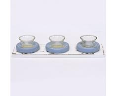 Just Contempo Photophore en Verre, Bleu, Lot de 3, Bois Dense, Blanc, 10 x 34 cm