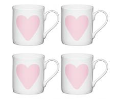 Kitchencraft Fine Grand cÅur pour Enfant Petite Imprimé Tasses, 250 ML (Lot de 4), en Porcelaine, Blanc/Rose, 10.5 x 7.5 x 8.5 cm