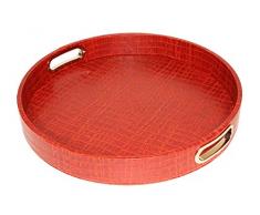 SIGNATURE HOME COLLECTION AP-101-A65-E Plateau Rond en Cuir avec imprimÃ© Croco et poignÃ©es en Acier Inoxydable Surface Lavable Brun Rouge H 6 cm 42 x 42 cm