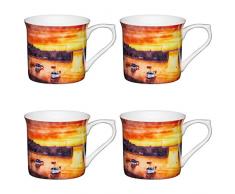 Kitchencraft Fine Bateaux cannelée Watercolour-Style Imprimé Tasses, 300 ML (Lot de 4), Porcelaine Anglaise, Multi/Couleur, 11.8 x 8.5 x 8 cm