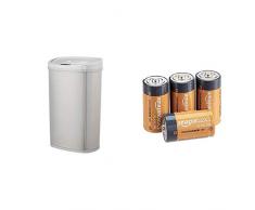 AmazonBasics Poubelle automatique en acier inoxydable - Rectangulaire, 50 litres & Piles alcalines C 1,5Â V pour le quotidien - Lot de 4 (le visuel peut diffÃ©rer)